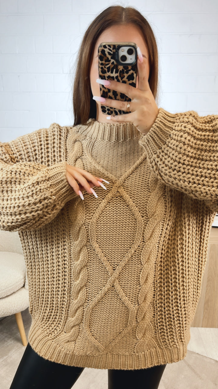 grober Strick Pullover mit Zopfmuster / camel Art. 12374