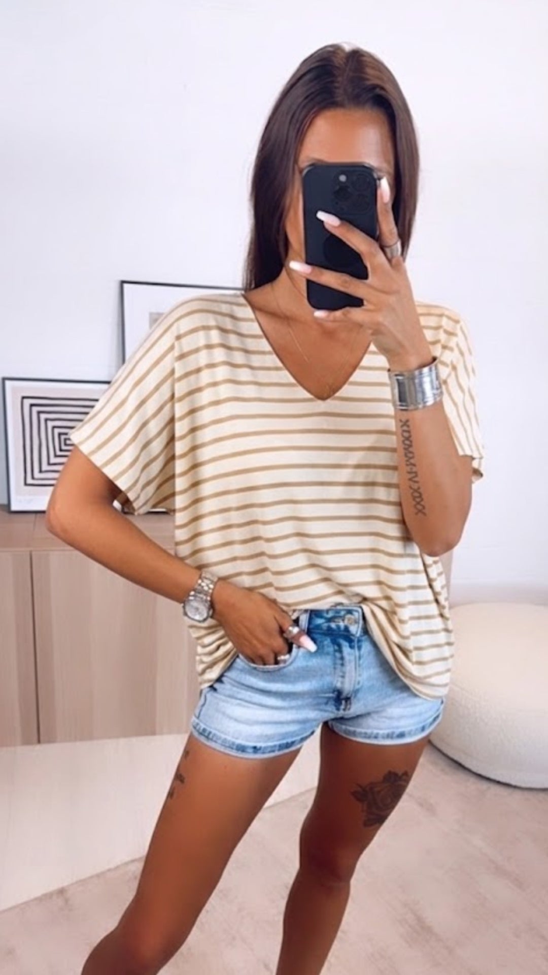 STREIFEN T-Shirt Oberteil mit V-Ausschnitt / creme - beige Art.15638
