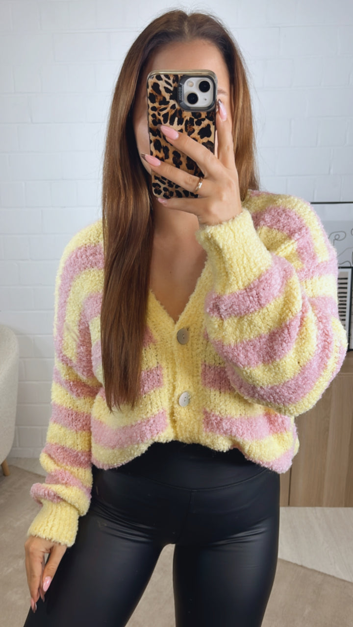 TEDDY STREIFEN Cardigan mit Perlmutt Knöpfen / soft gelb - soft rosa Art. 13020