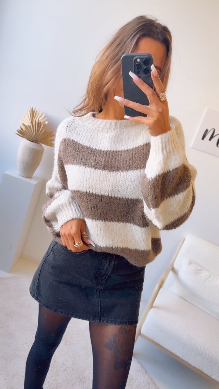 STREIFEN Strick Pullover mit abgesetztem Ausschnitt / braun meliert - creme Art. 12780 KHX