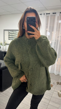 Oversize Strick Cardigan mit Taschen, Strick Knöpfe / Khaki Art. 16737