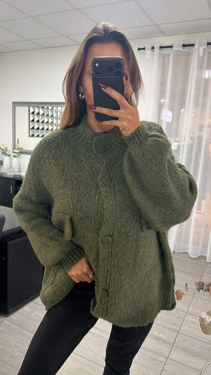 Oversize Strick Cardigan mit Taschen, Strick Knöpfe / Khaki Art. 16737