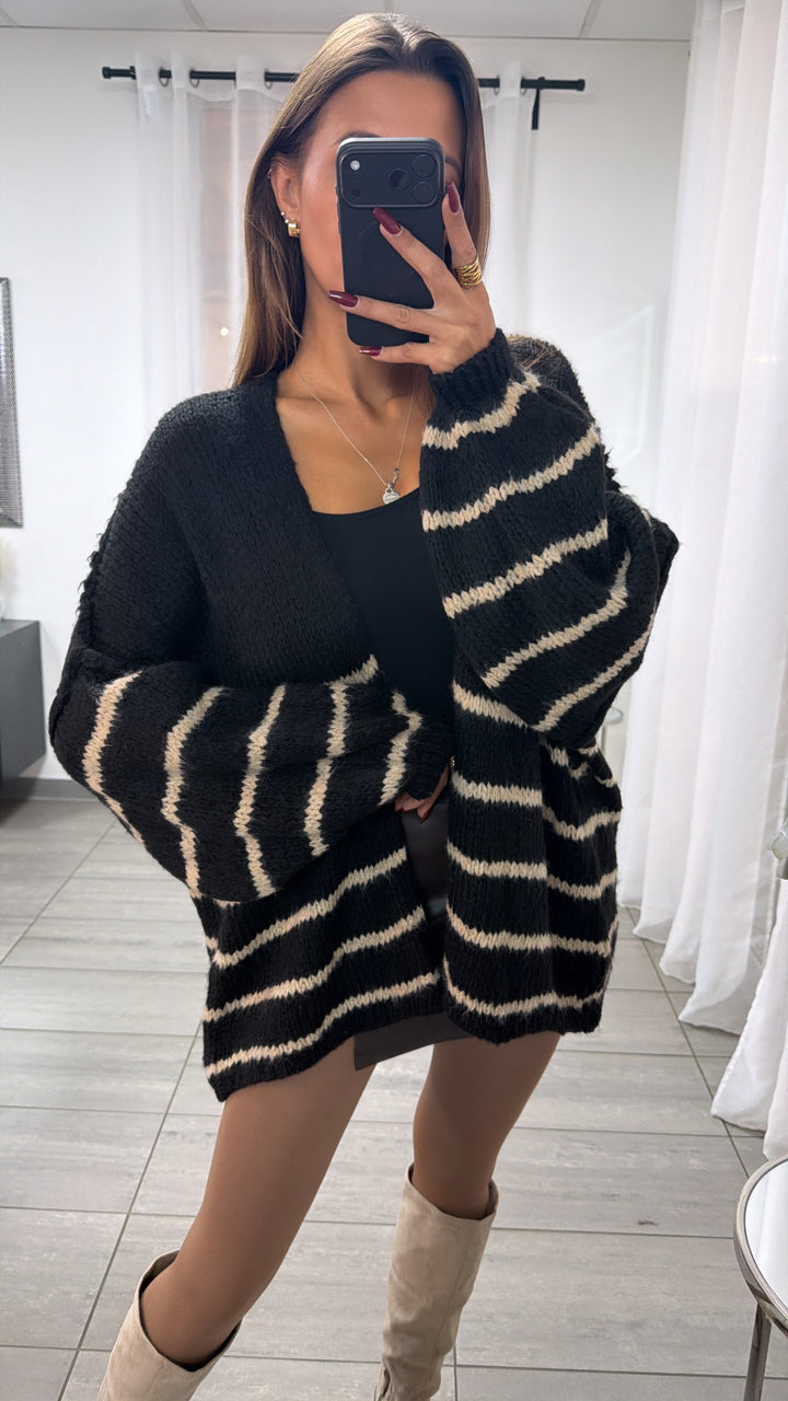 gestreifter, offener Strick Cardigan / schwarz - beige Art. 16694