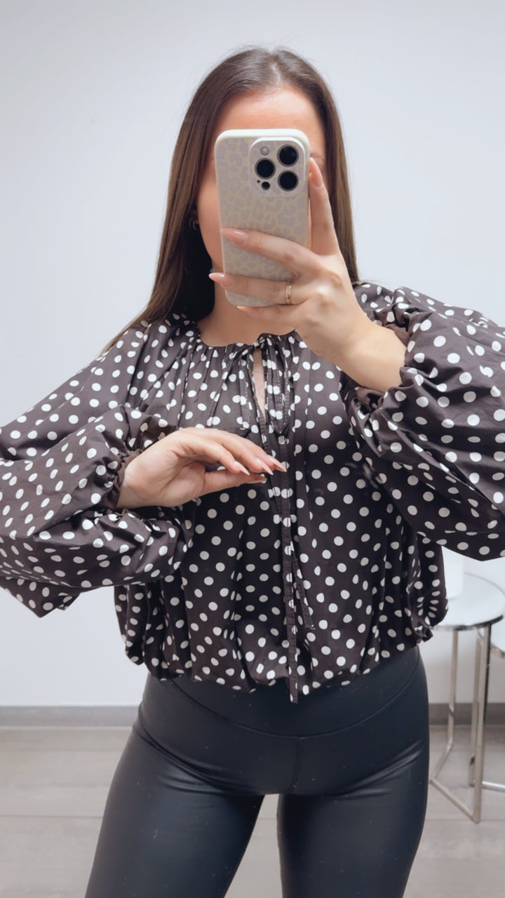 PUNKTE kürzeres, dickeres Blusen Oberteil / dunkel braun - weiss Art. 13709