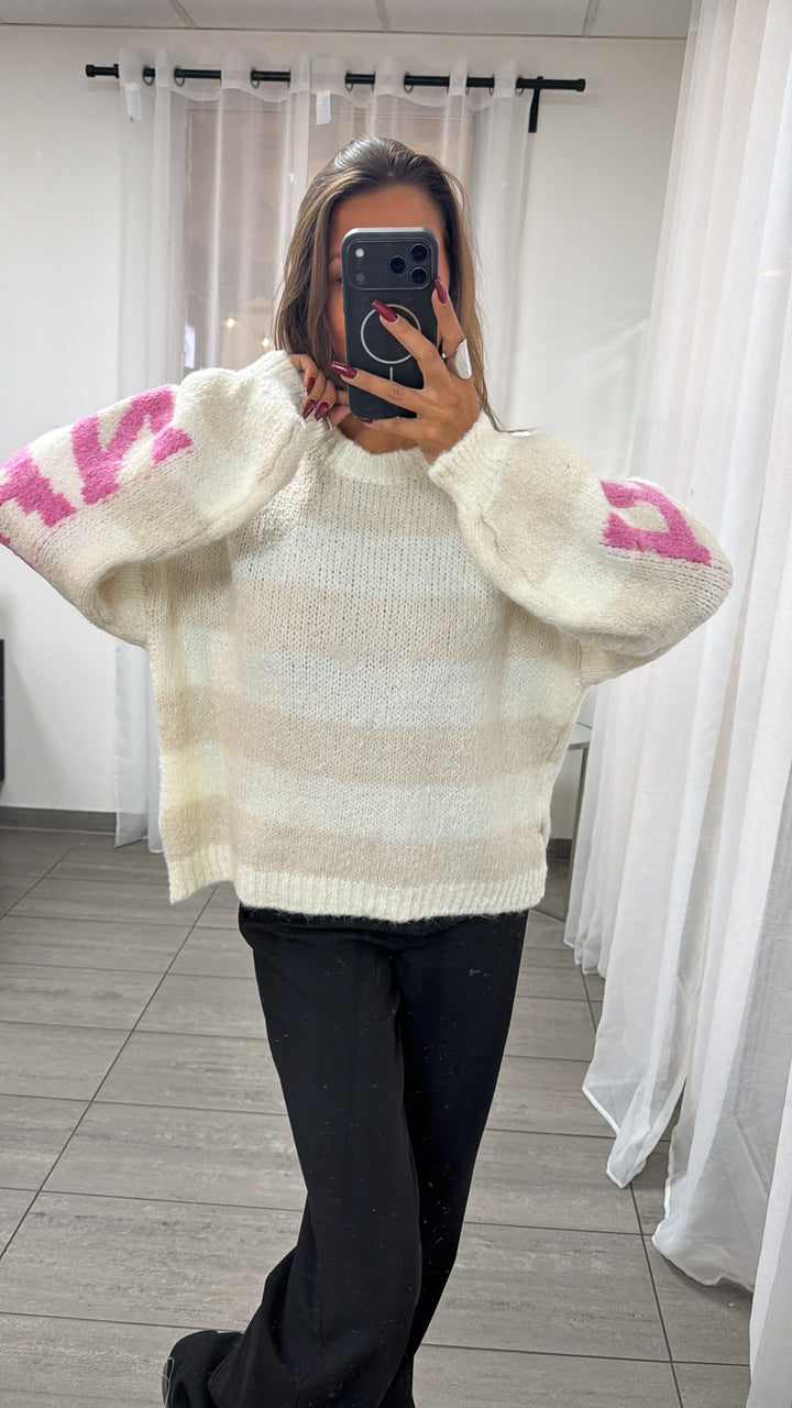 STREIFEN Strick Pullover mit Statement Rückseite / weiss - creme - pink Art. 16496