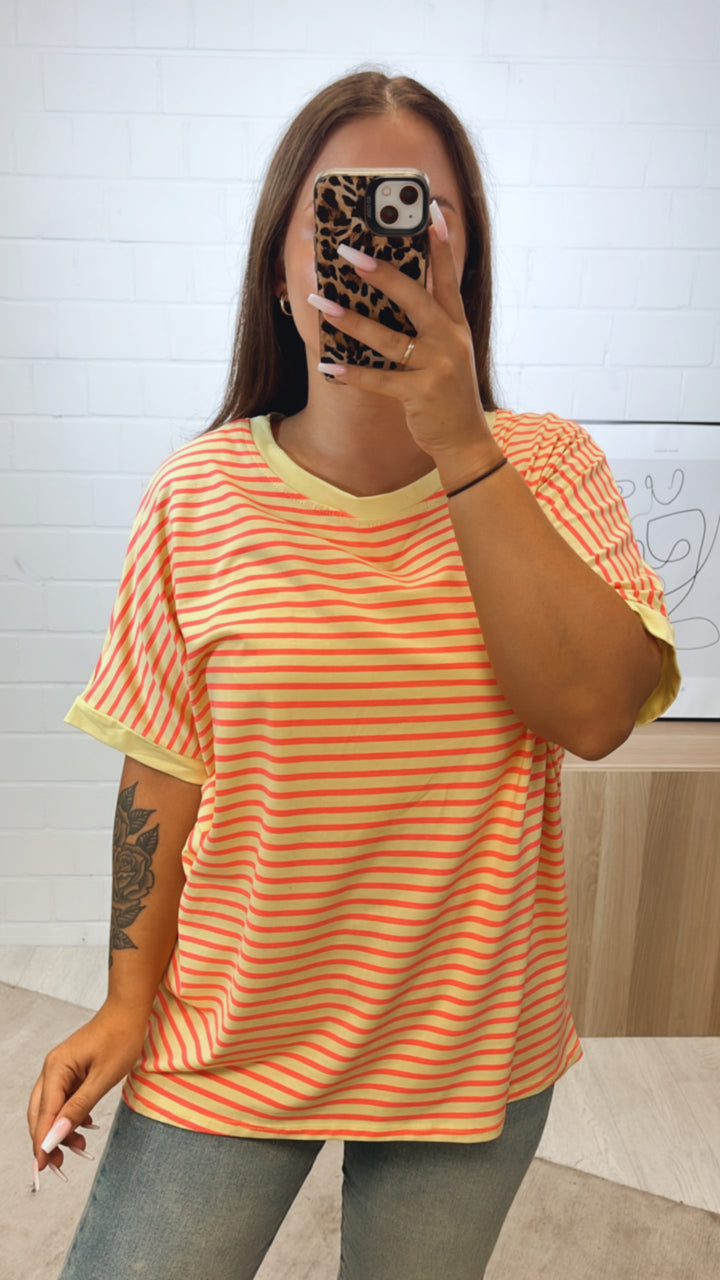 STREIFEN Vokuhila Long T-Shirt / soft gelb - coral Art. 11174