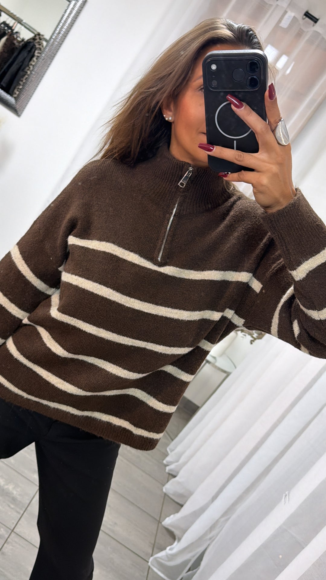 Strick STREIFEN Zipper Pullover / braun - beige Art. 16490
