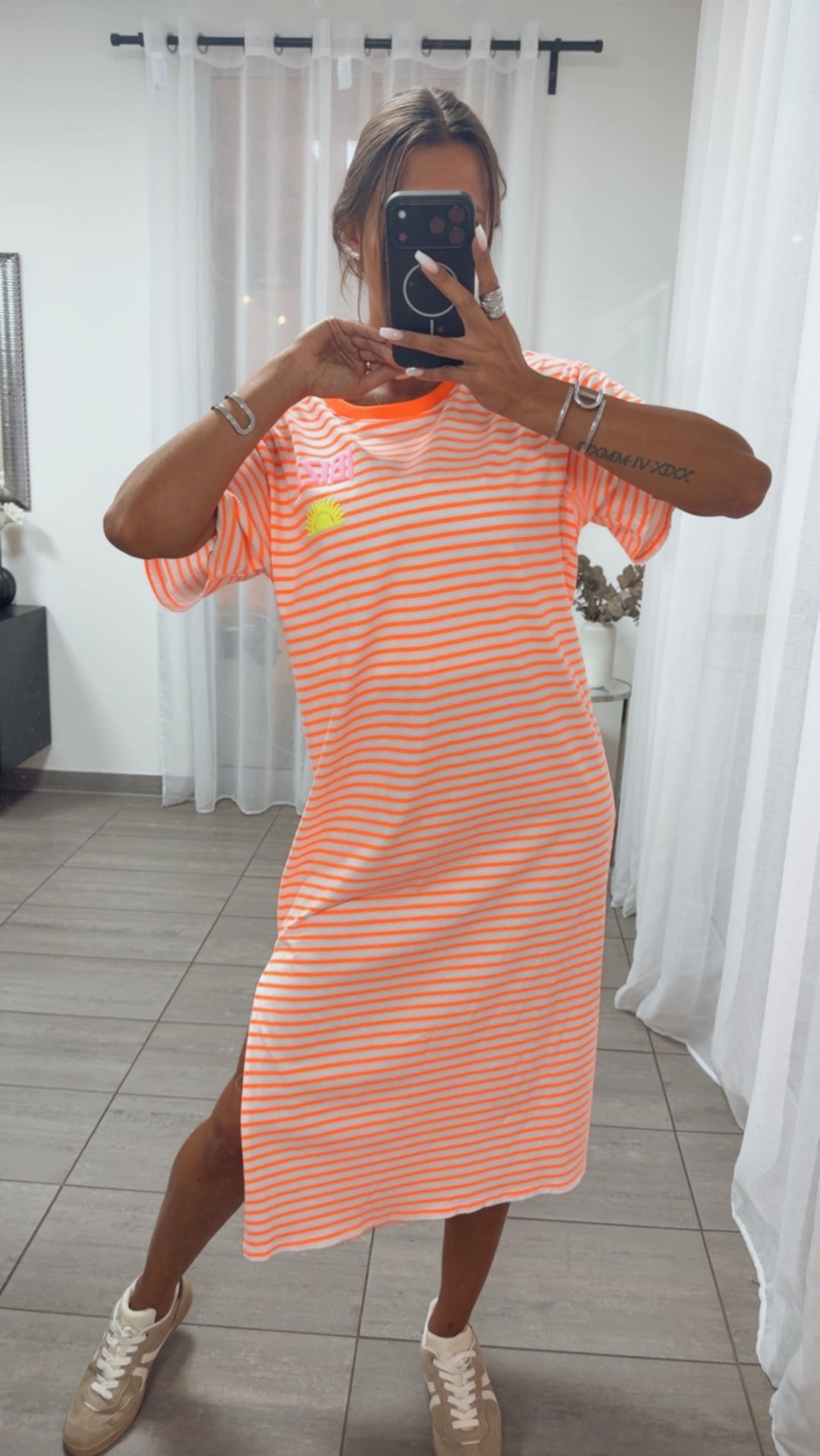 Streifen T-Shirt Kleid Sunshine / weiß - neon orange Art.15623