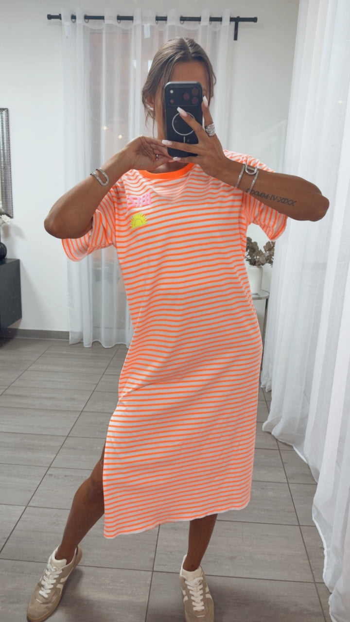 Streifen T-Shirt Kleid Sunshine / weiß - neon orange Art.15623