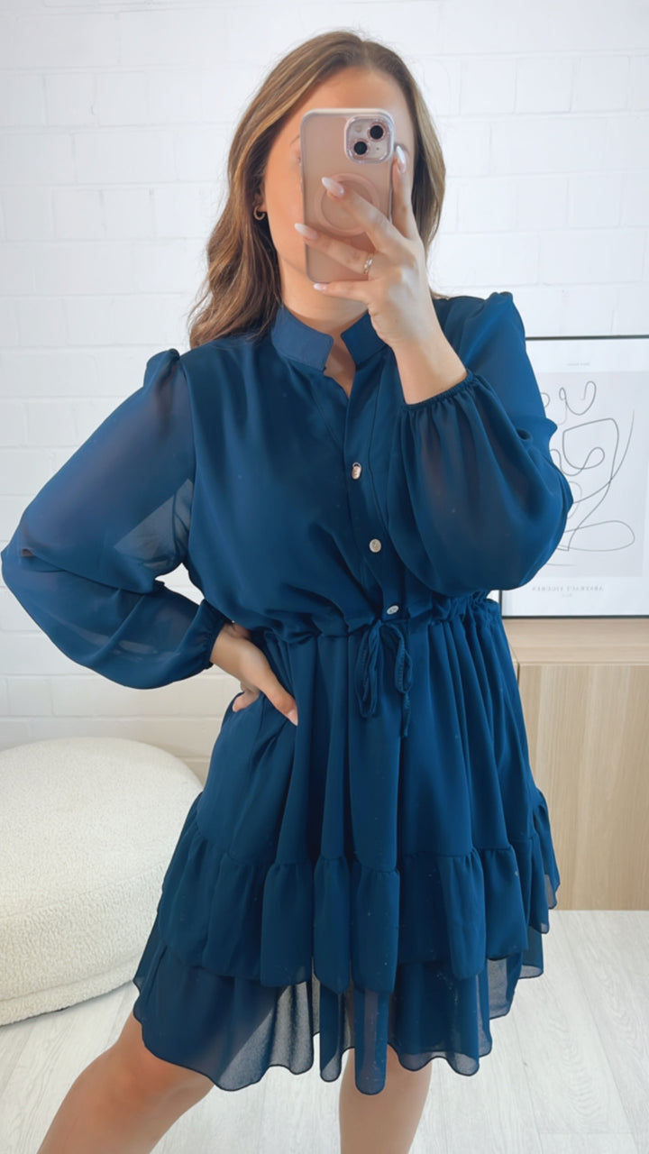 Chiffon Kleid mit verstellbarer Taille / dunkel blau Art. 9689
