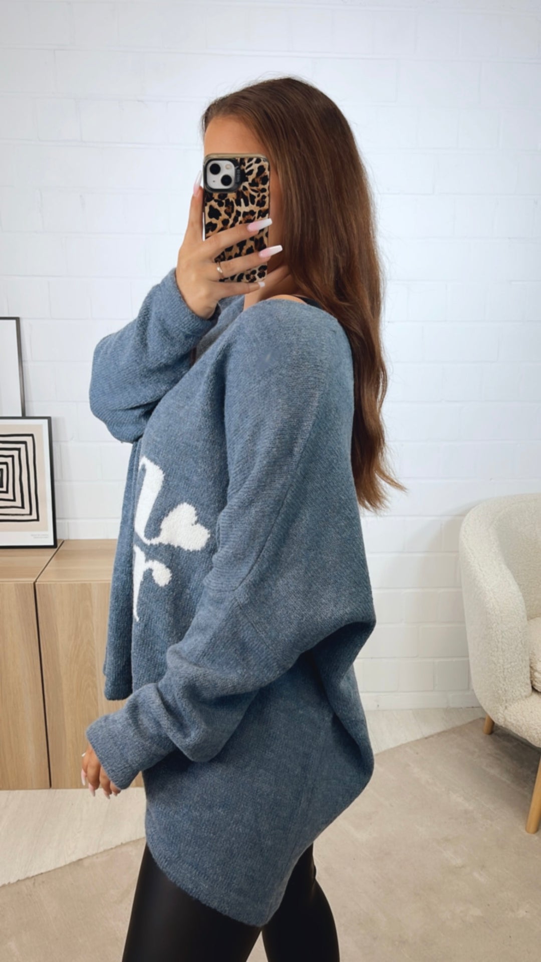 weiter Strick Pullover " Amour " / Denim blau - weiss Art. 12424