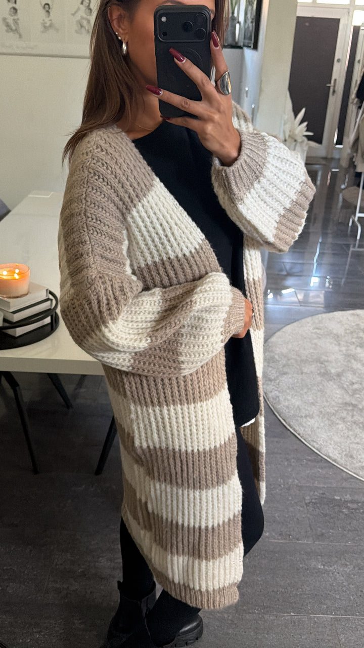 langer Grobstrick Cardigan mit Streifen / beige - creme Art. 16526