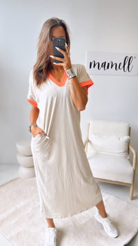 (Maxi-) T-shirt Kleid, abgesetzte Ärmel / beige - orange Art. 10824
