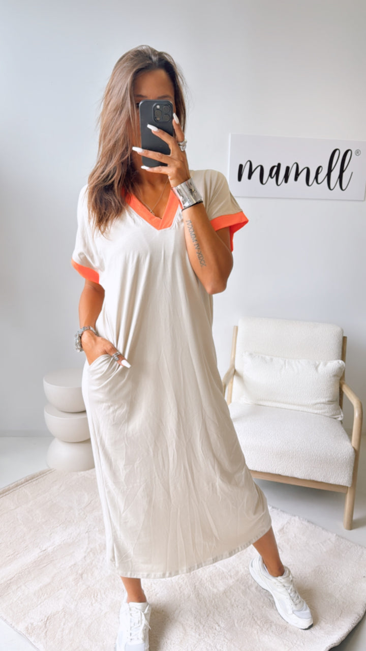 (Maxi-) T-shirt Kleid, abgesetzte Ärmel / beige - orange Art. 10824