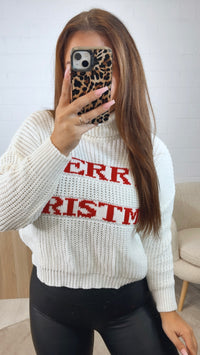 leichter Rollkragen Pullover "Merry Christmas" / weiss - rot Art. 12627