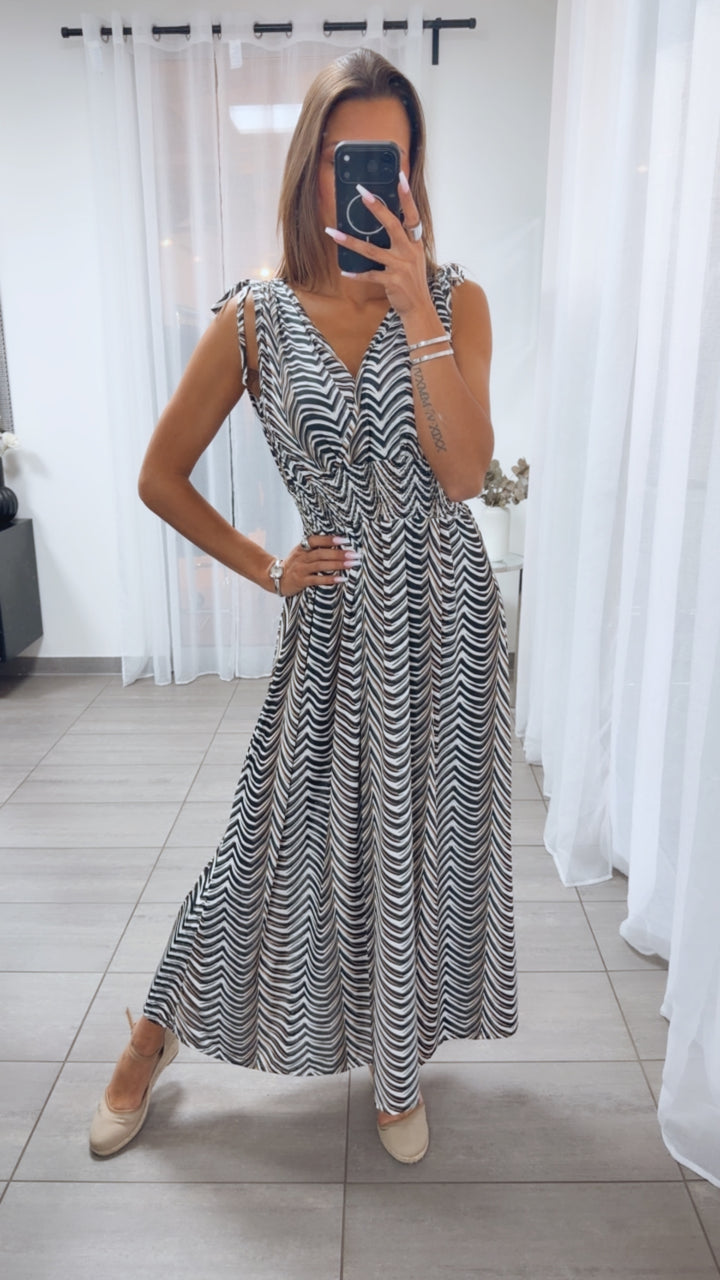 MAXI LINIEN Kleid mit breiten Trägern und geraffter Taille / schwarz - beige - weiß Art.15058