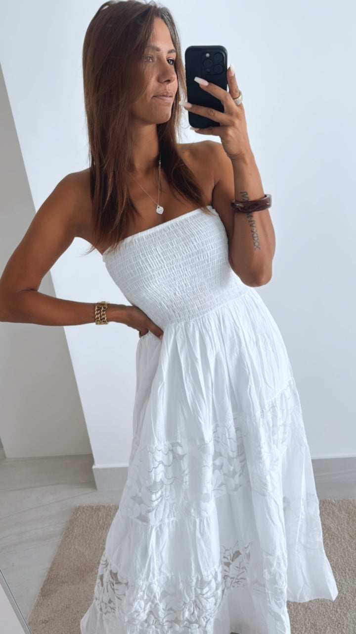 bandeau (Maxi-) Kleid mit Spitzen Streifen / weiss Art. 11024
