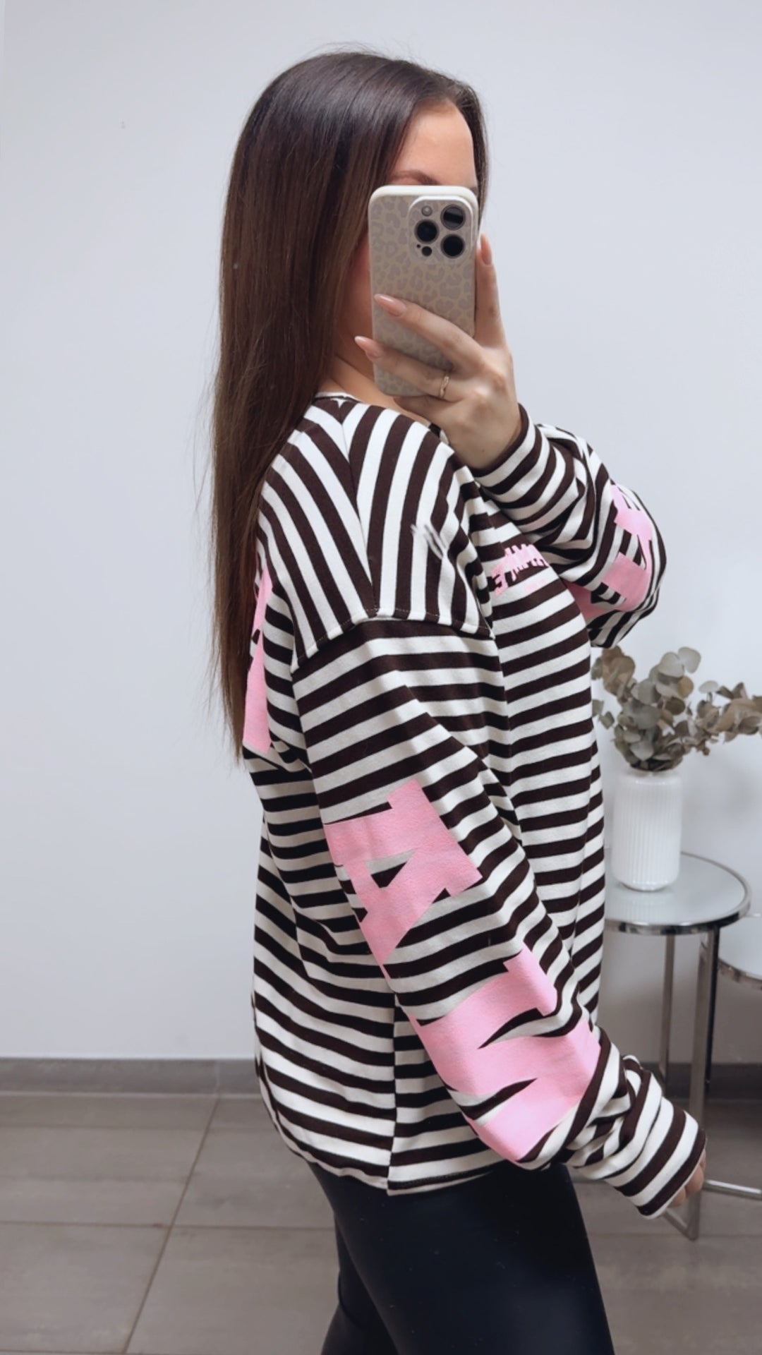 BREITE STREIFEN Pullover " all damn day " / creme - dunkel braun - soft rosa Art. 13707