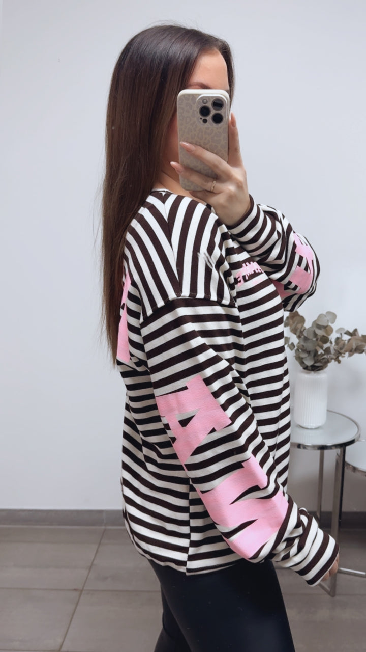 BREITE STREIFEN Pullover " all damn day " / creme - dunkel braun - soft rosa Art. 13707