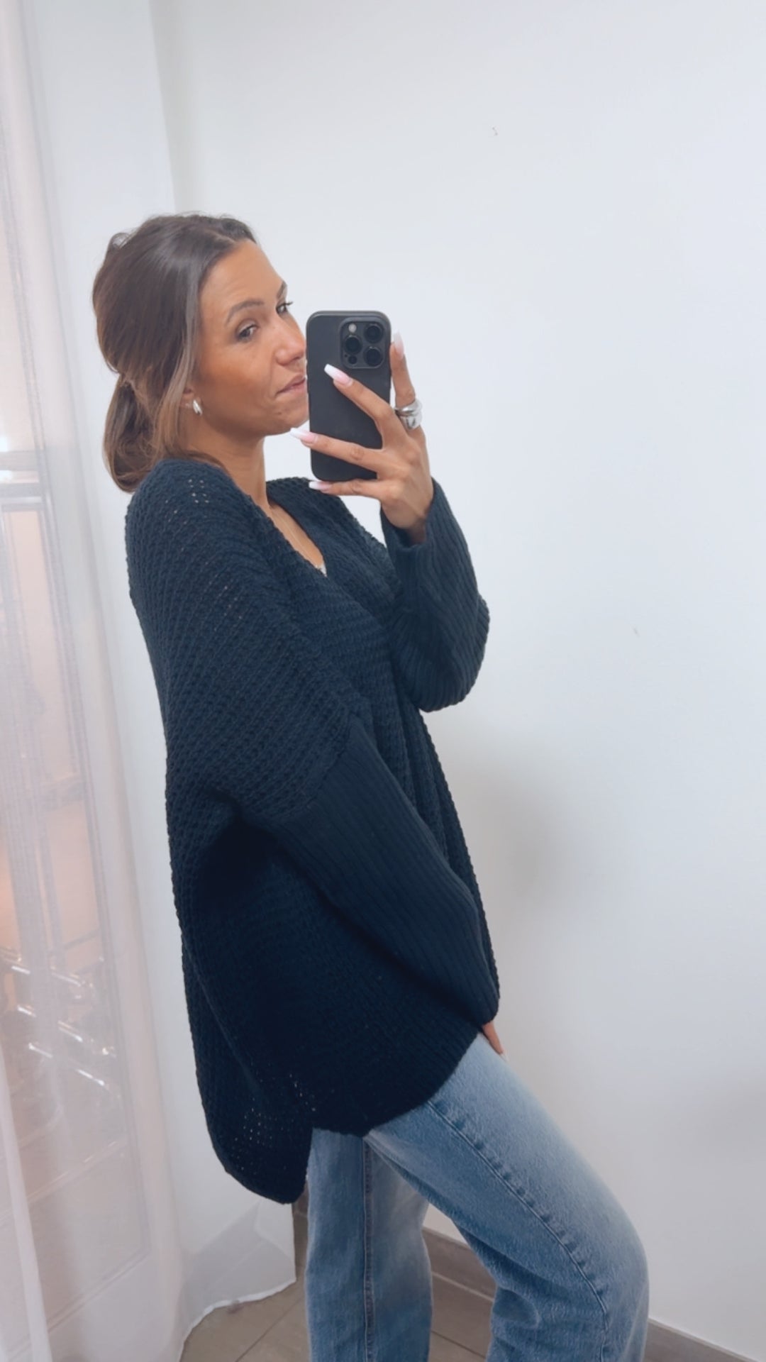 grober Strick Pullover, engere Ärmel, V-Ausschnitt / dunkel blau Art. 11230