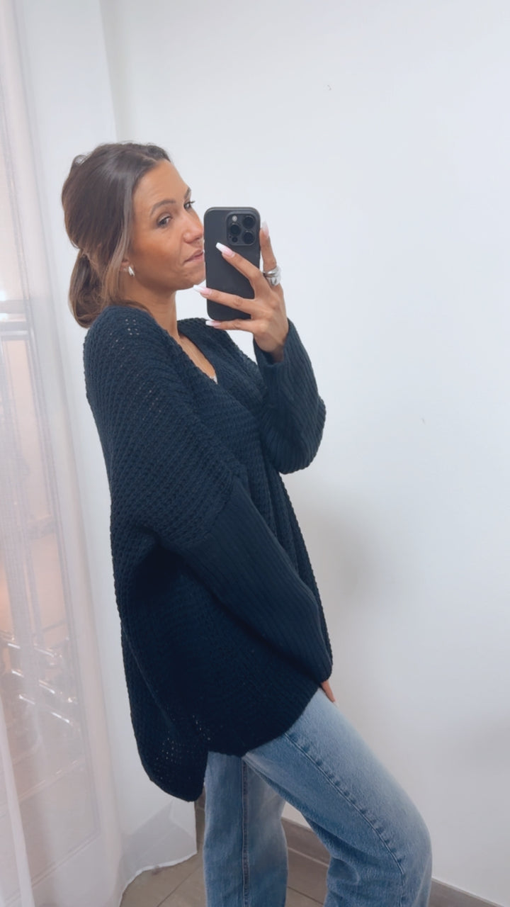 grober Strick Pullover, engere Ärmel, V-Ausschnitt / dunkel blau Art. 11230