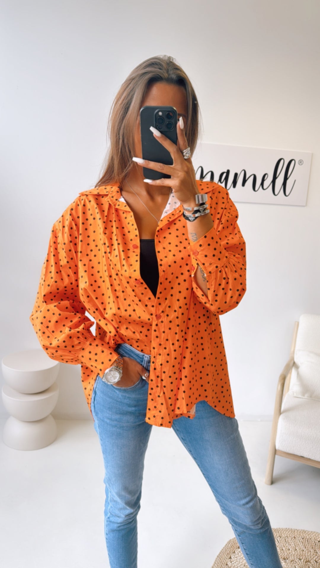 Bluse mit Punkten / orange - schwarz Art. 10533