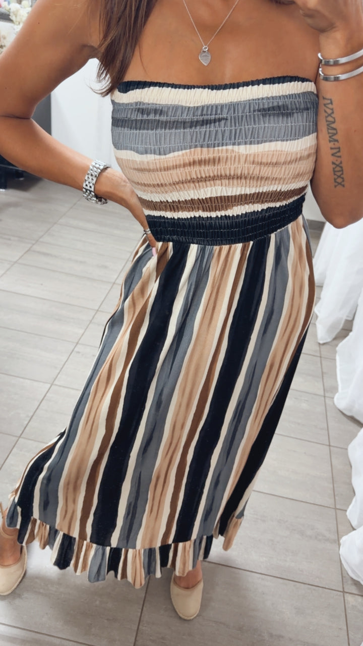 längeres Bandeau Kleid, gestreift / schwarz - grau - beige - creme Art. 15337