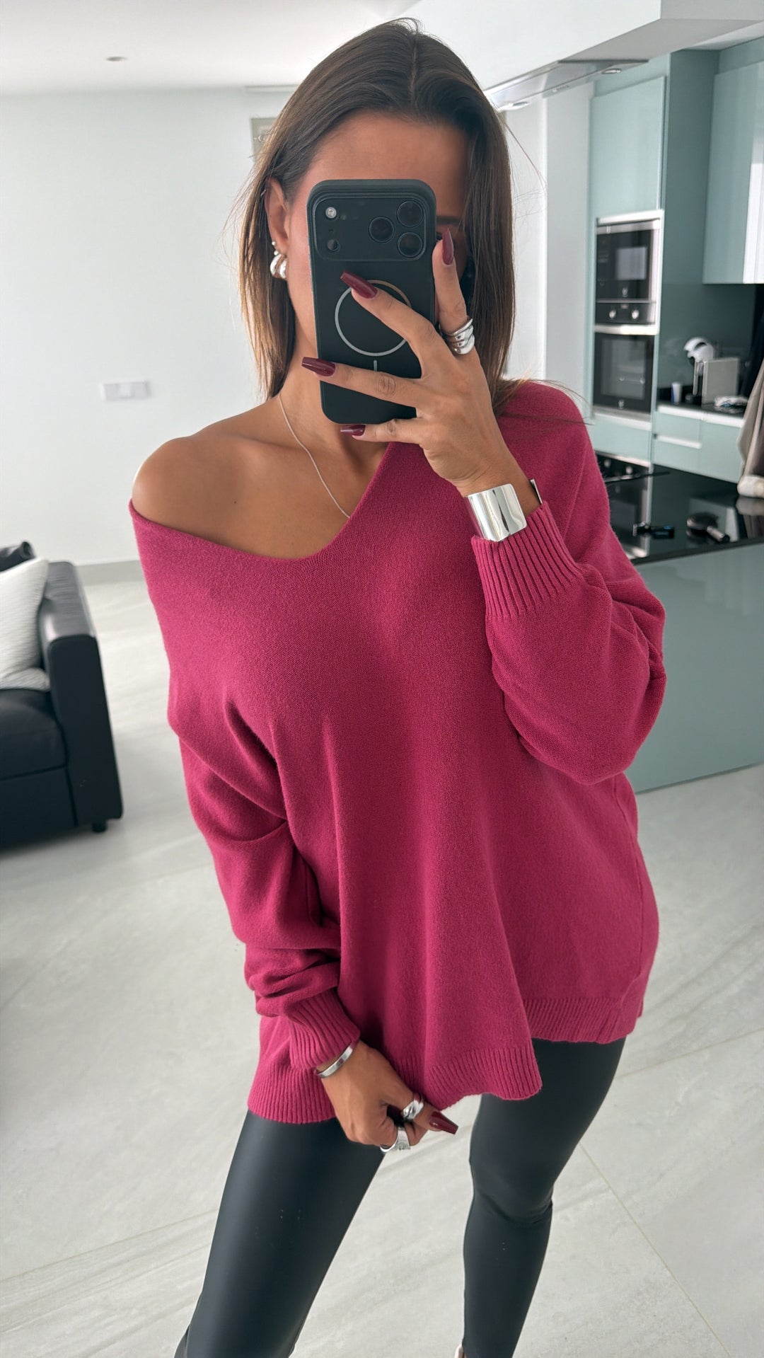 Viskose Mix Pullover mit V-Ausschnitt / pink-Beere Art. 16243