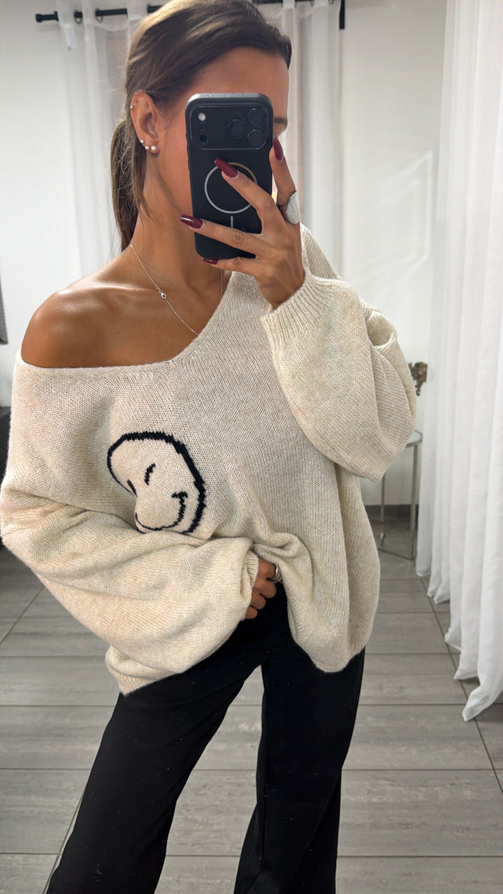 SMILEY Strick Pullover " all good " / creme - schwarz Art. 16441