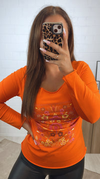 dünnes Langarm Oberteil mit Blumenmuster / orange Art. 9239