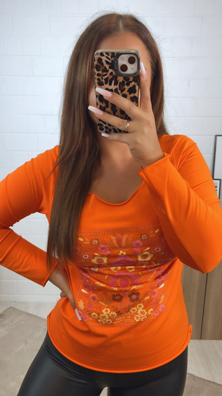 dünnes Langarm Oberteil mit Blumenmuster / orange Art. 9239