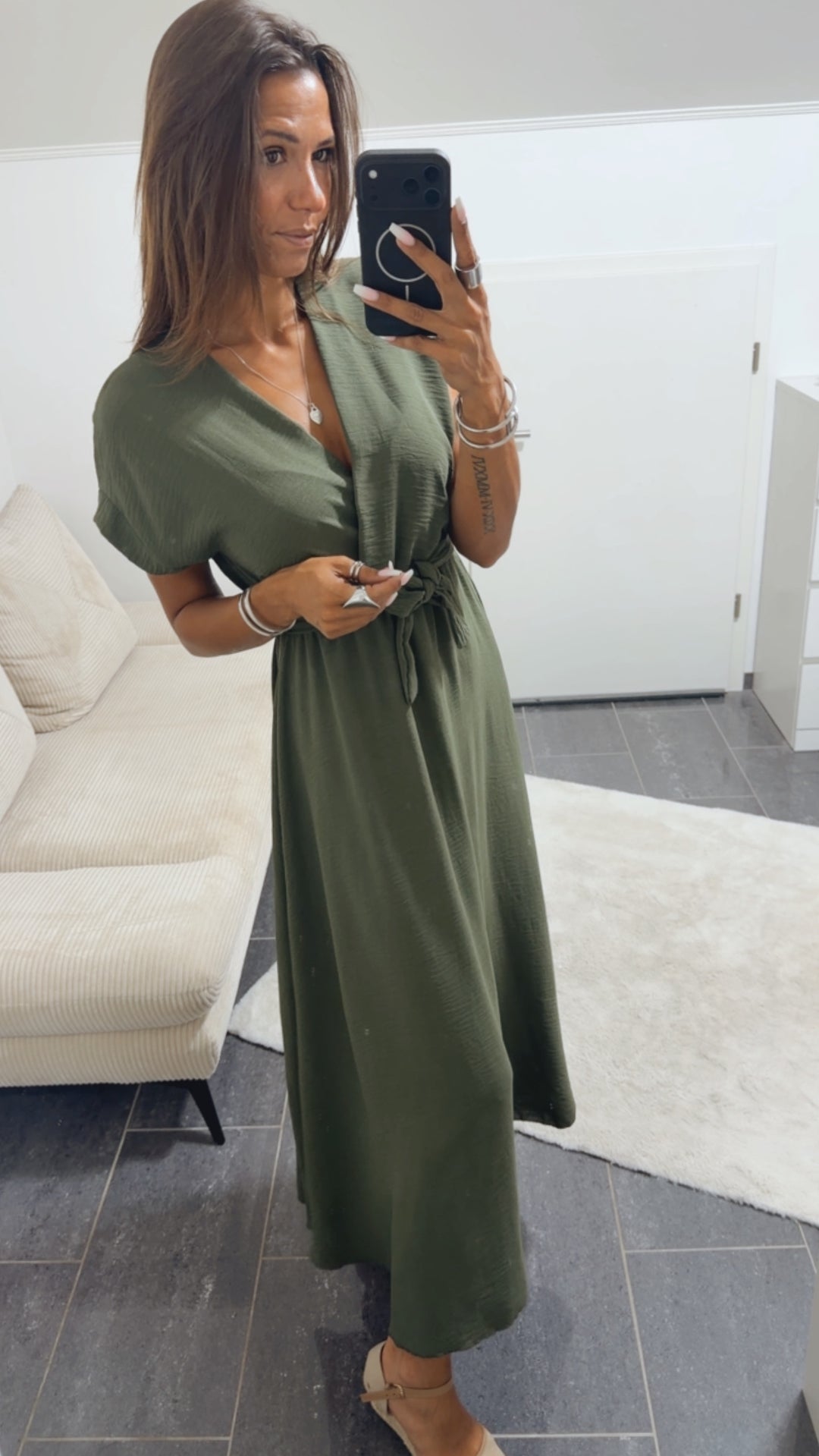Maxi Kleid zum Binden, Wickeloptik / khaki Art. 15370