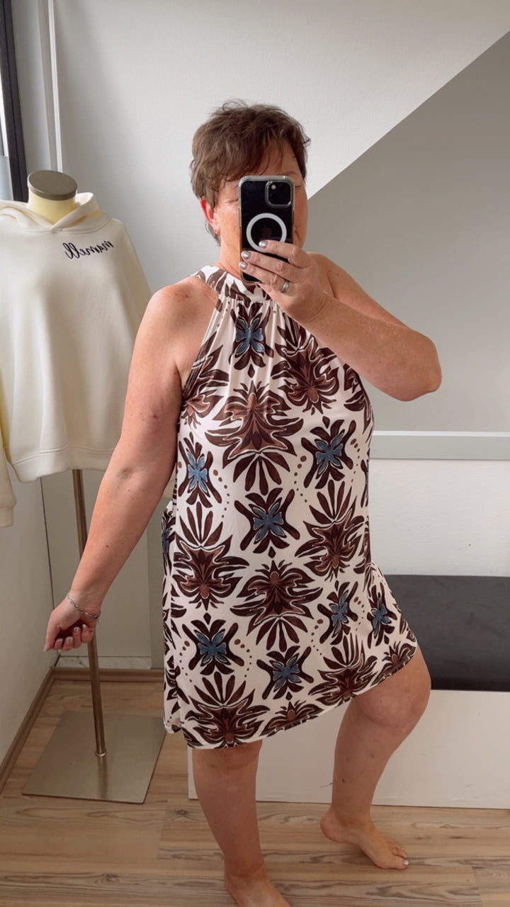 Kurzes, fließendes Kleid FLORAL / weiß - braun - blau Art.15024