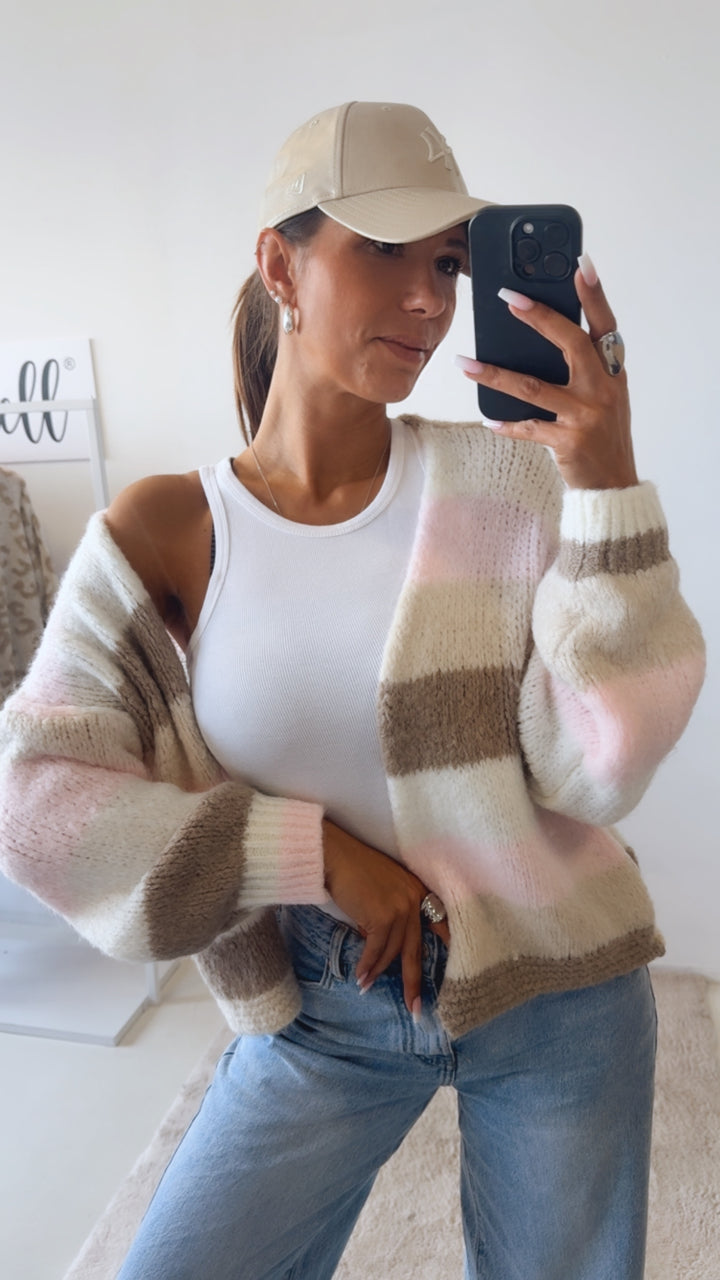 Offener Pastell Streifen Cardigan / woll weiß - rosa - beige - taupe Art. 14524