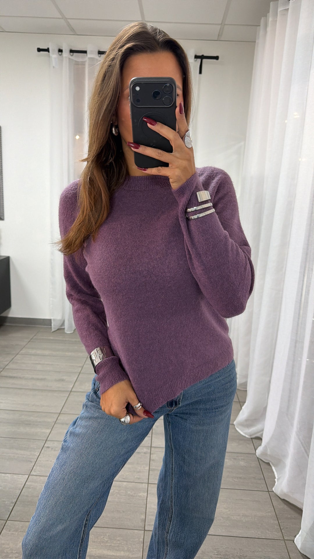 flauschiger Strick Pullover mit Rundhalsausschnitt / lila Art. 16577