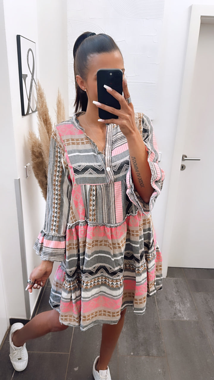 Tunika / Kleid in sommerlichem Muster und Farben / grau- pink Töne  Art. 5907