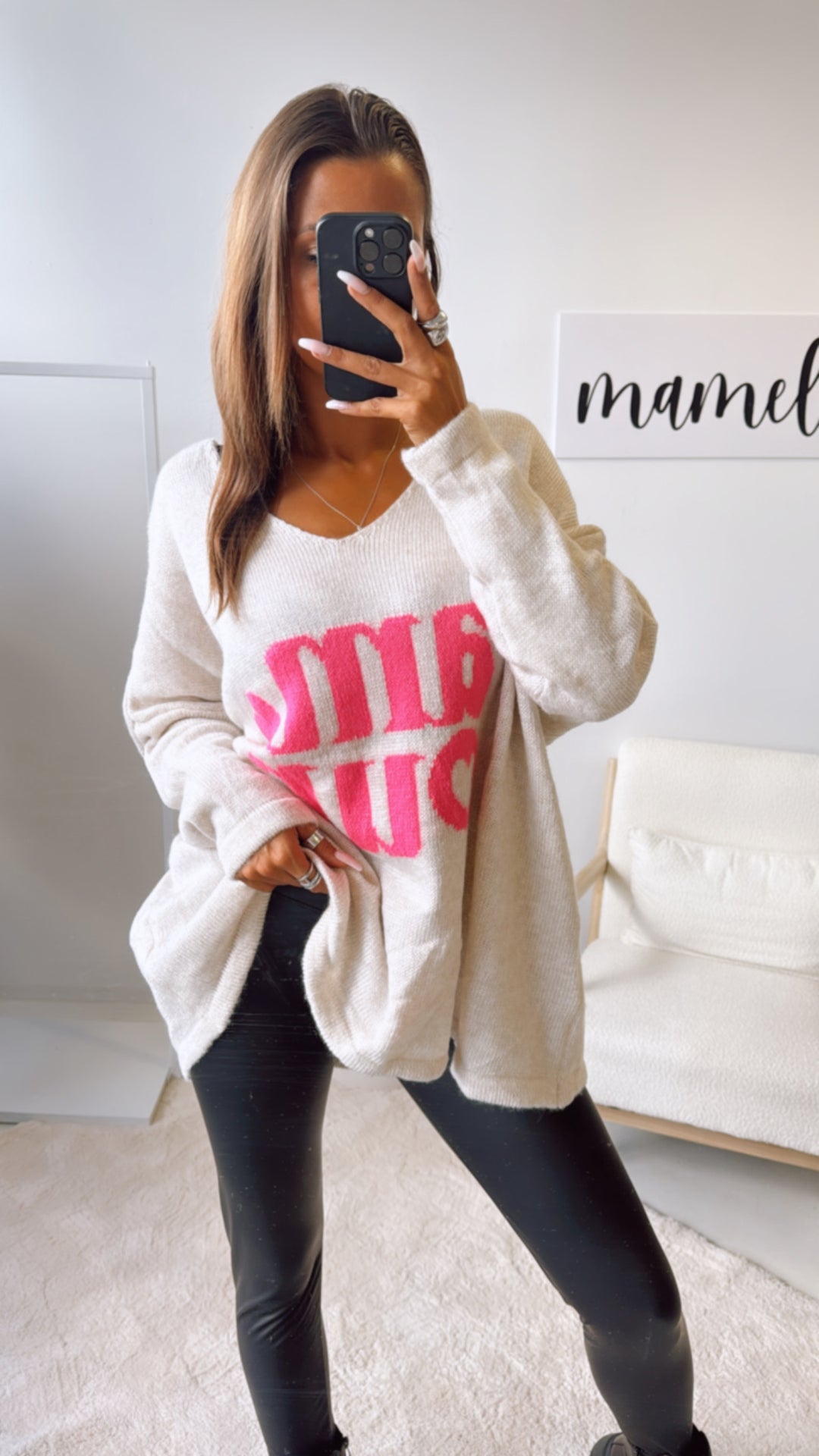 ultra oversize Strick Pullover " Amour " / creme - neon pink Art. 122319