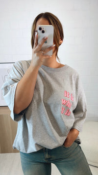 long T-shirt / Kleid " what it is " / hell grau meliert Art. 9722