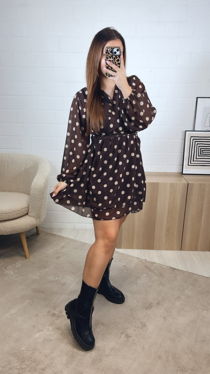 PUNKTE Chiffon Kleid / dunkel braun - creme Art. 12768