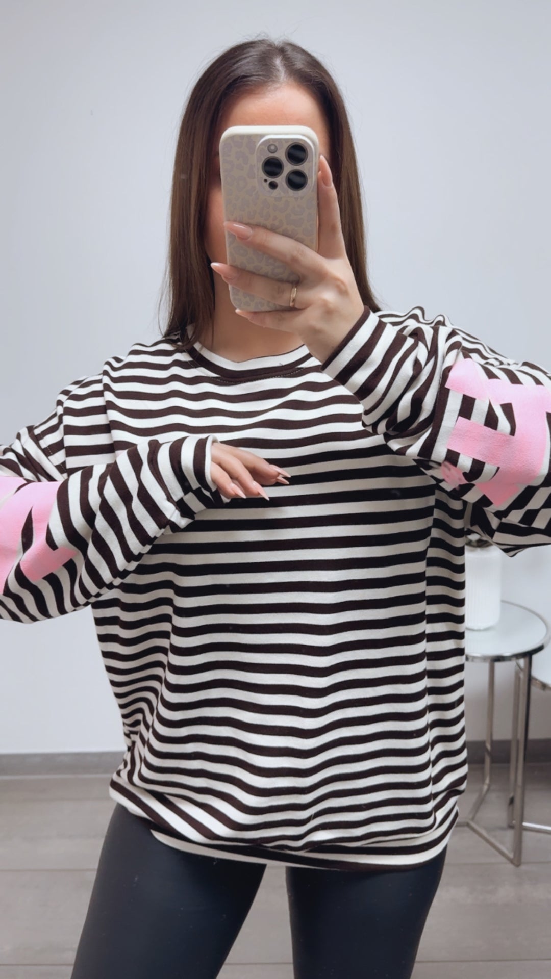 BREITE STREIFEN Pullover " all damn day " / creme - dunkel braun - soft rosa Art. 13707