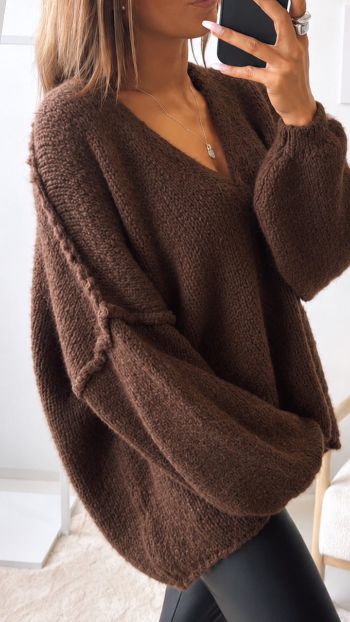 Kuscheliger Oversize - Pullover V-Ausschnitt / schoko braun Art. 16607