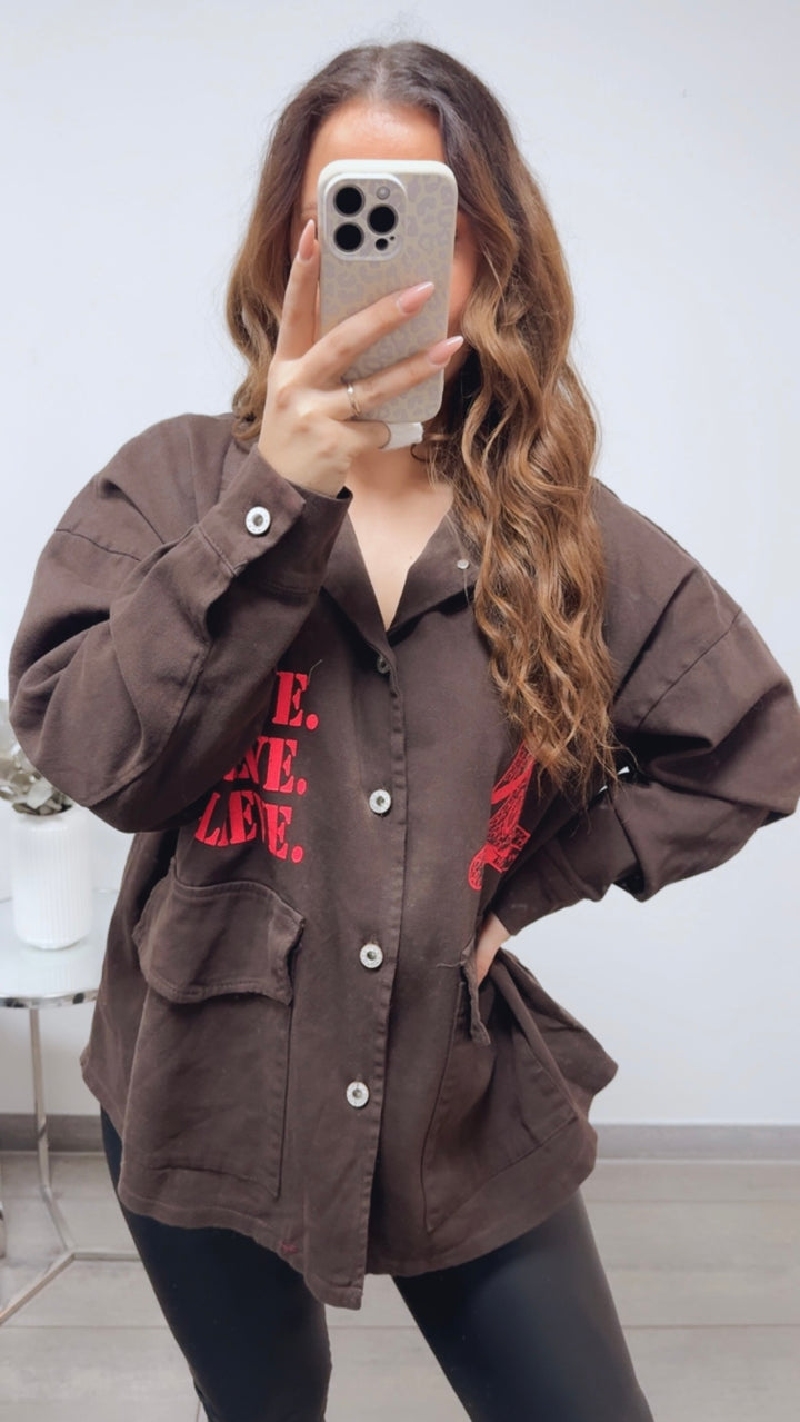 Jeans Hemd Jacke " Be Lieve " / schoko braun - pink Art. 13582