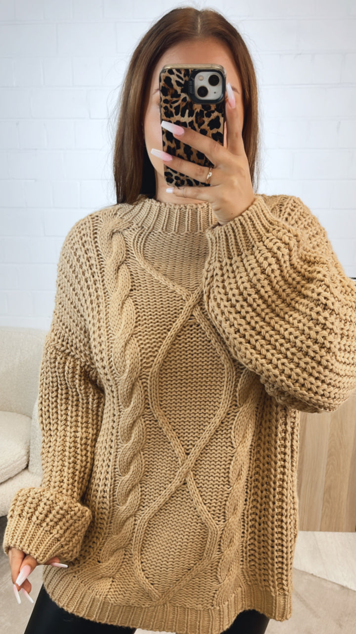 grober Strick Pullover mit Zopfmuster / camel Art. 12374