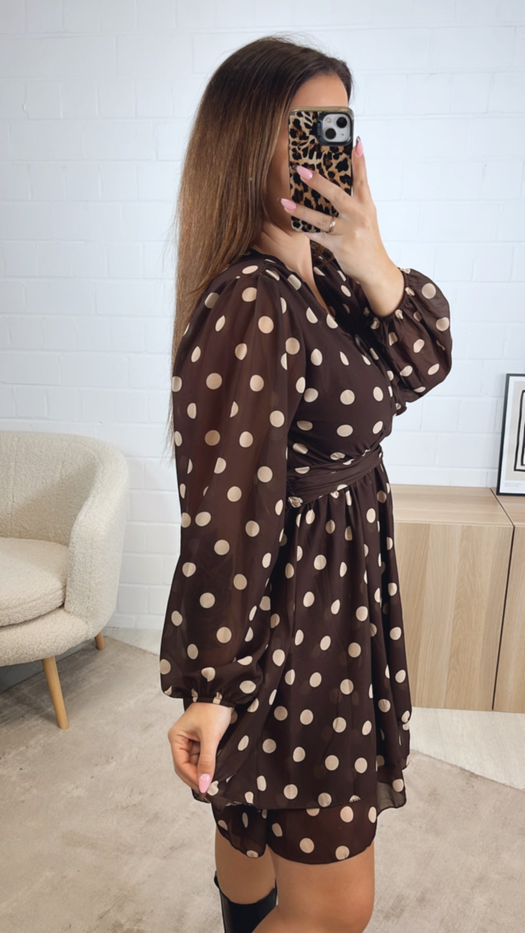 PUNKTE Chiffon Kleid / dunkel braun - creme Art. 12768