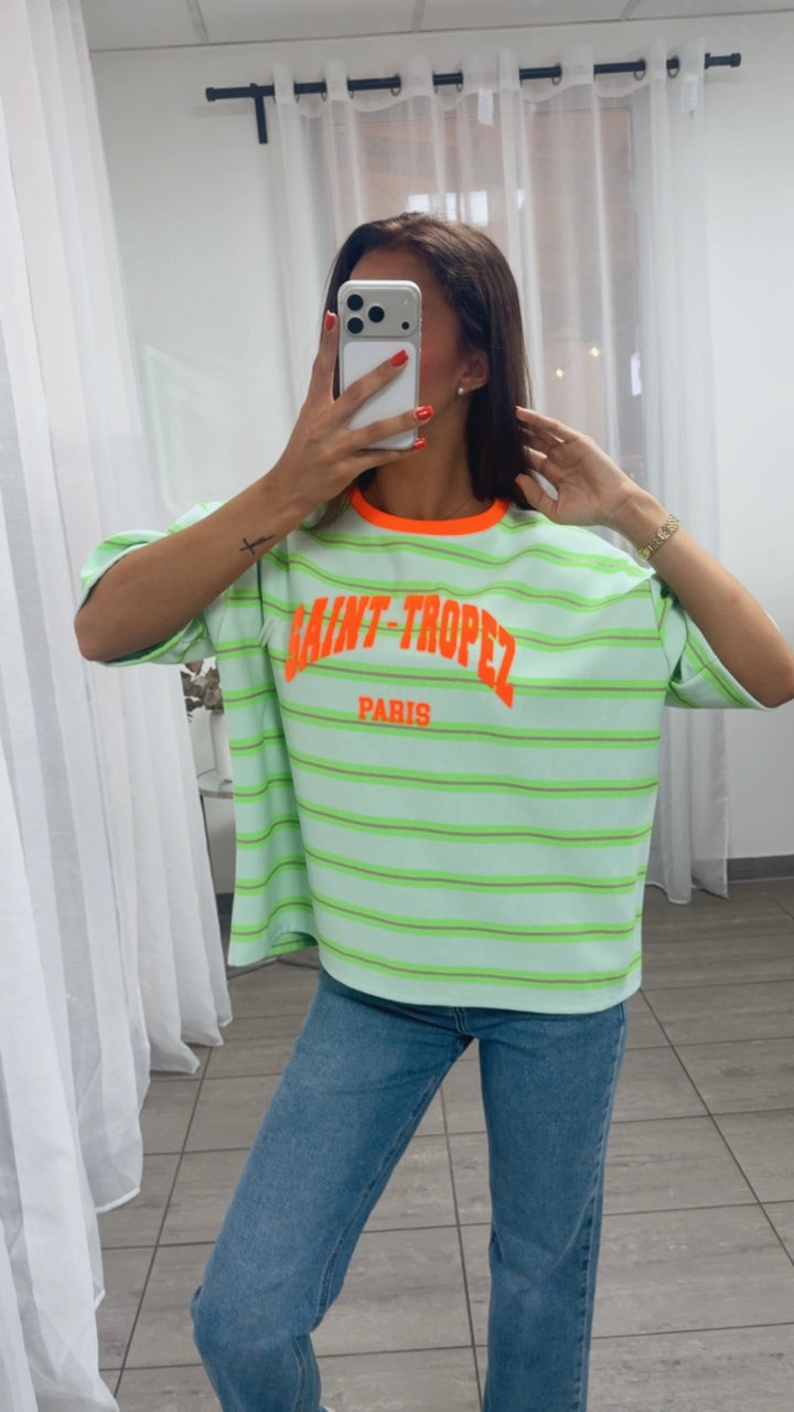 Oversize Shirt mit Neonakzenten, Streifen / mint - neon grün - neon orange - flieder Art. 15918