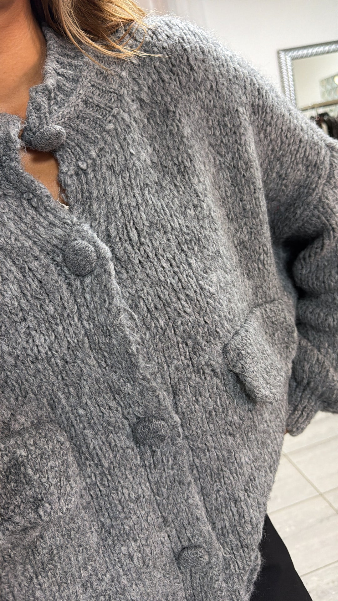 Oversize Strick Cardigan mit Taschen, Strick Knöpfe / dunkel grau Art. 16454
