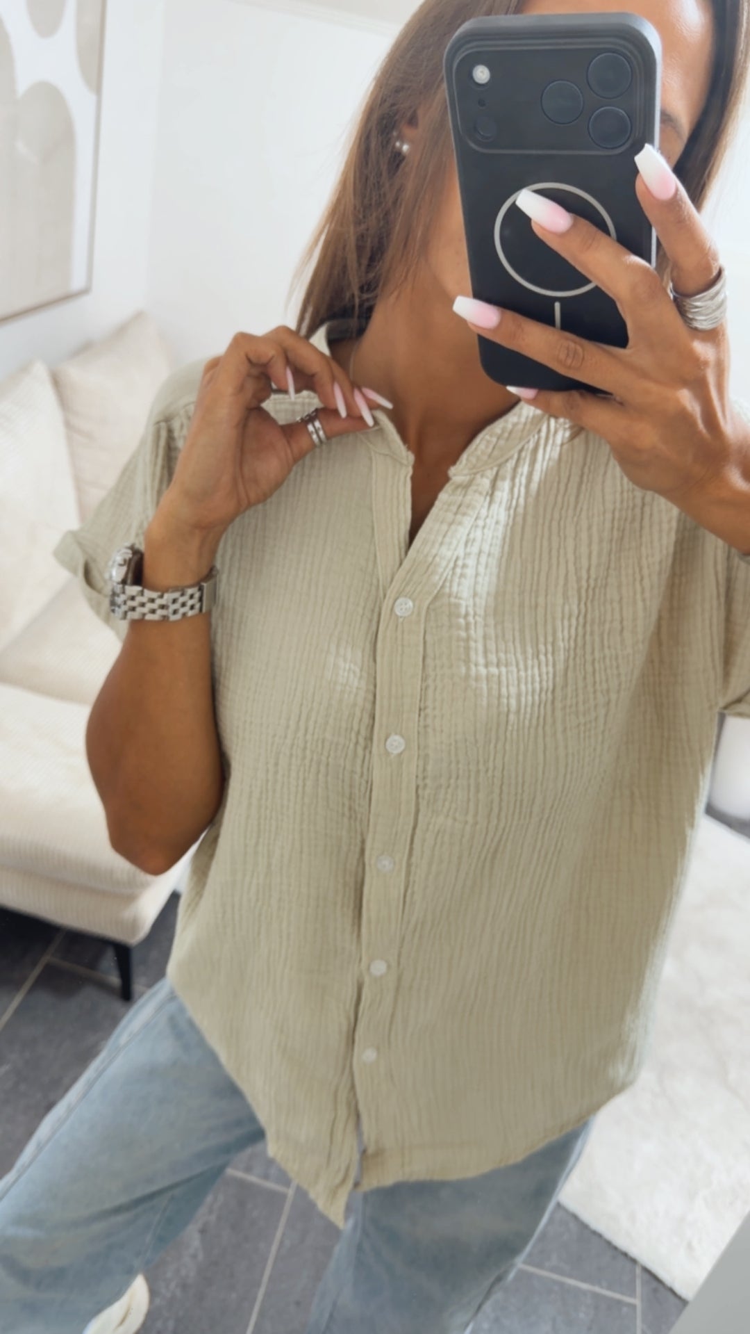 Musselin Shirt mit Knopfleiste, OHNE Kragen / beige Art. 15381