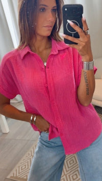 Oversize Musselin Bluse mit T-Shirt Ärmeln / pink Art. 15243