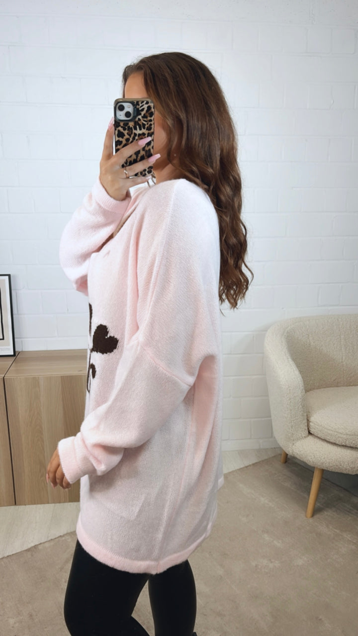 weiter Strick Pullover " Amour " / soft rosa - dunkel braun Art. 12515
