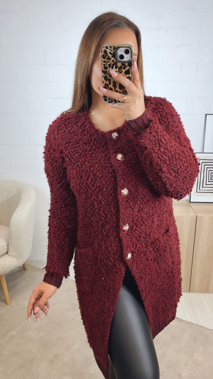 TEDDY langer Cardigan mit gold - silbernen Knöpfen, Taschen / bordeaux rot Art. 12834
